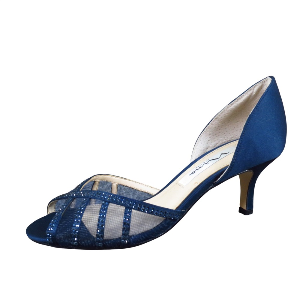 Nina Women D'Orsay Pump 5.5M Formal Wedding Rhinestone Navy Blue Satin Heel
